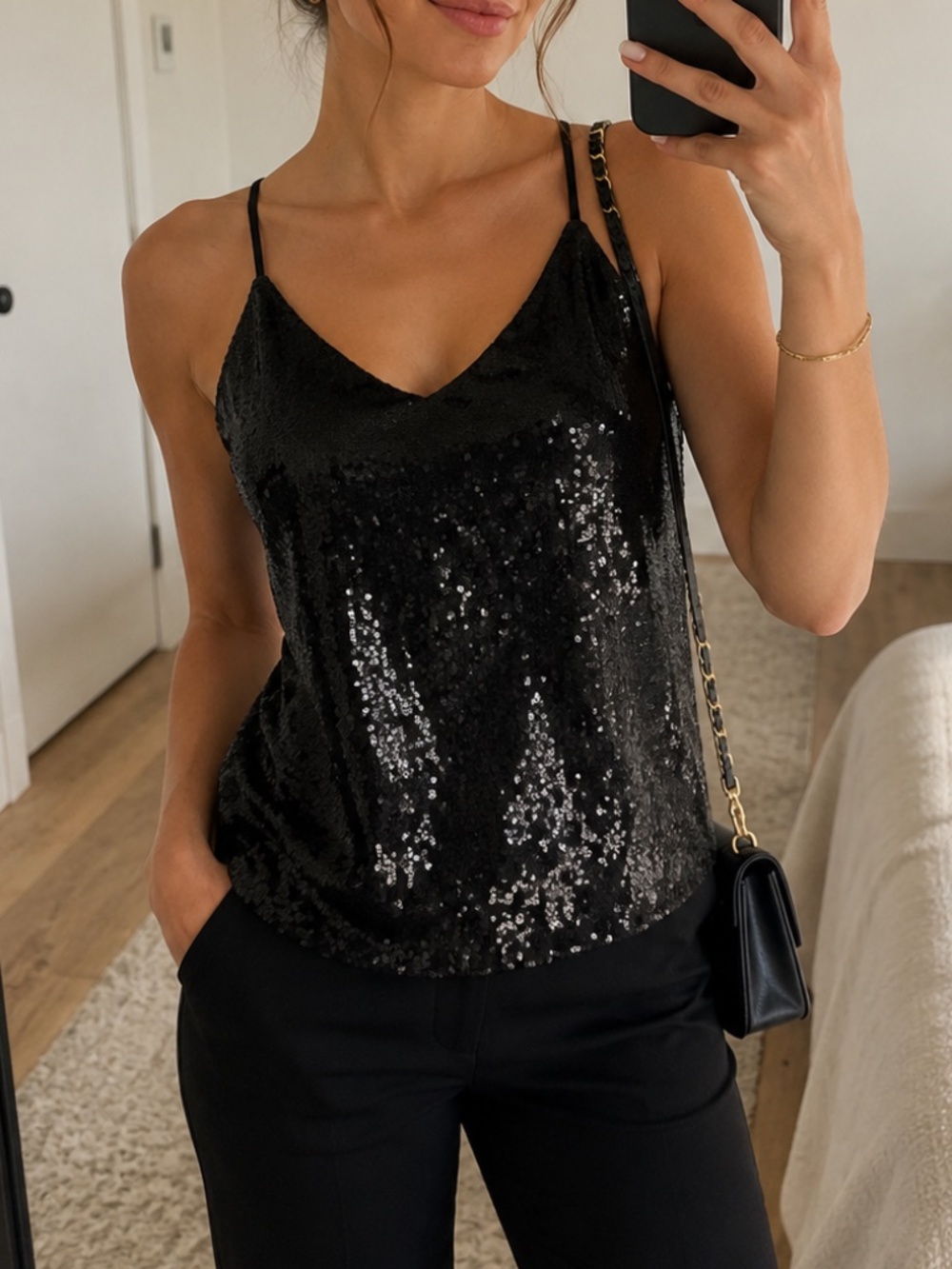 NWT Grace Karin Sequin Sparkle Shimmer Camisole Sleeveless Top Black - Small